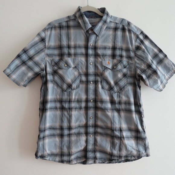 CARHARTT Rugged Flex Relaxed Fit Bozeman Short Sleeve Shirt in Blue Plaid Sz L - Picture 2 of 14